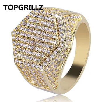 Модни пръстени TOPGRILLZ в стил хип-хоп, мед, Злато, сребро, Обледеневшие Дрънкулката, Микро-Подплатени Кубичен циркон, Геометрични пръстени-висулки за мъже