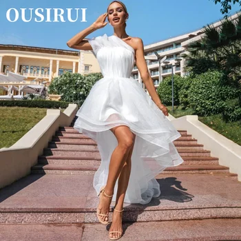 OUSIRUI Просто къса рокля отпред и дълга отзад за булката, Елегантна сватбена рокля от органза с едно рамо, секси дантелено рокля без ръкави