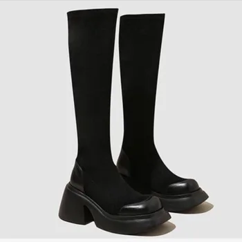 Черни дълги чорапи, обувки, Дамски обувки, Нов стил, есен-зима, плюш топли обувки 