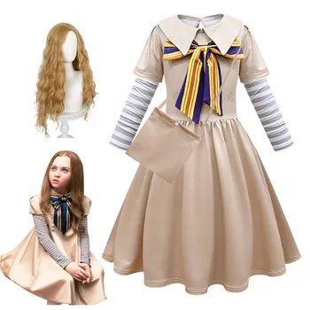 Cossky M3gan/ костюм за cosplay, детско сладко фалшив рокля с ревера на две части, рокля с дълги ръкави и лък, детска чанта за перука, костюм за Хелоуин