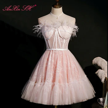 AnXin SH Луксозна принцеса с розова дантела от пера, водеща на партито по случай рождения ден без презрамки и без ръкави, къси вечерна рокля, розово дантелено рокля
