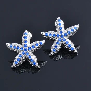 KIOOZOL Модни изискани обеци с микро-инкрустация с кристални морски звезди, Обеци синьо сребрист цвят за жени, топли подаръци