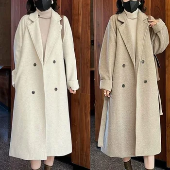 Утолщенное топло палто от твида с ревери, дамско Зимно новост 2023, Корейското двубортное Темпераментное Свободно однотонное ежедневното дълга козина