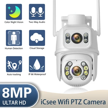 8-Мегапикселова 4K PTZ WIFI камера с двойна леща и двоен екран, автоматично следене на Ai Human Detect, Безжична камера за външно наблюдение iCSee App