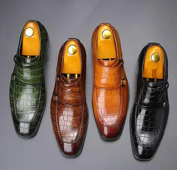 НОВИ класически бизнес обувки на плоска подметка с шарките на крокодилска кожа, Мъжки дизайнерски вечерни кожени обувки, Мъжки лоферы, Обувки за коледно парти 61