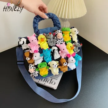 Модни дамски дънкови чанти-ведерки с мультяшными играчки, чанти и портмонета за дамите, дизайнерски чанти с красиви кукли, чанти през рамо, чанта през рамо