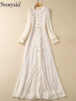 Svoryxiu Писта, есен винтажное бежевое дантелено отворено рокля с дължина до пода, женствена рокля с ръкав-фенерче, расшитое перли и диаманти.