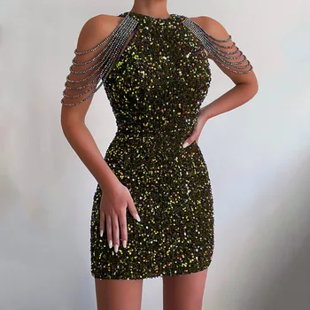 Сексуалното дебнещ мини-рокля без ръкави с открити рамене, - секси елегантна рокля с кръгло деколте и лъскави пайети, Лятна дамска модерна чанта, модни рокли