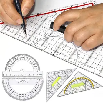 Мултифункционална пластмасова Триъгълна линия С дръжка, Прозрачен правоъгълен транспортир, инструменти за измерване на геометрия, чертане на чертежи