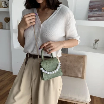 Перлена дръжка, супер Мини дизайнерска чанта през рамо от изкуствена кожа, дамски пътна чанта на верига, малка квадратна чанта на рамото, чанта