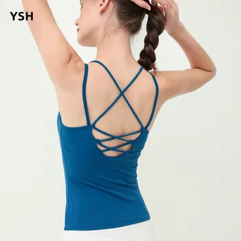 YUSHUHUA Cross Красива жилетка за йога на гърба, спортен топ без ръкави, жена на майк за фитнес, тичане, мек еластичен тренировъчен жилетка за фитнес зала