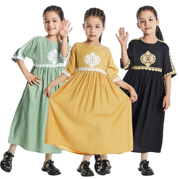 Момичета, Деца Мюсюлманската Рокля Абая Ислямска Ежедневното Облекло Дубайское Рокля С Бродерия На Цветя Детски Халат Ейд Рамадан Арабски Халат Кафтан
