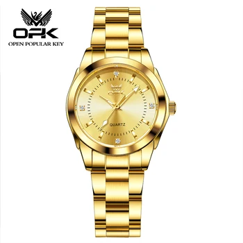 Дамски кварцов часовник OPK, водоустойчив ръчен часовник с светящимся злато и диаманти, мода и елегантни дамски часовници е от неръждаема стомана
