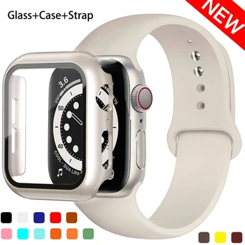 Закалено Стъкло + Капачка + Каишка за Apple Watch Band Case 44mm 40 мм 45 мм 41мм 38мм 42мм Силикон Гривна iWatch Serie 8 7 6 5 3 4 SE