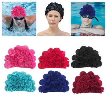 Шапки за плуване, Плажни многократна употреба с цветя модел, лек Модерен Празнична еластичната шапка за плуване за жени, Защита на ушите кудряшек за млади момичета