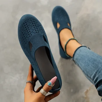 Нова дамски обувки от окото на материала, лека дишаща ежедневни обувки без закопчалка, однотонная универсална обувки на ниски плоска подметка