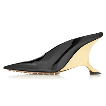 MKKHOU/ Модни дамски сандали от нова висококачествено лаково-кожени обувки Мюлер с остър скосен ток, модерни летни чехли