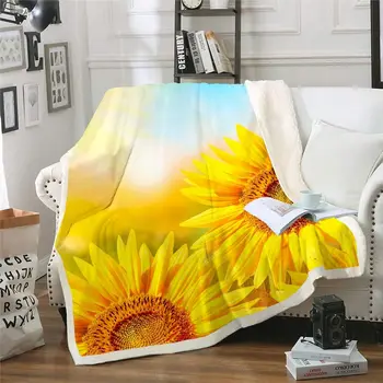Слънчогледово руно хвърли одеало за Диван Разтегателен ярък цветен принт Шерпа одеяло цъфтят жълти цветя, плюшени одеяло