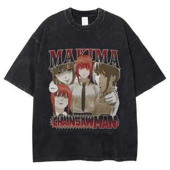 Риза с принтом Chainsaw Man Makima, мъжки дамски градинска облекла, памучни тениски с винтажной измиване, върхове Harajuku
