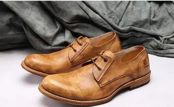 Зимна еластична, Ежедневни обувки в стил ретро дантела за мъже, Мъжки обувки от естествена кожа, Висококачествени Мъжки обувки ръчна изработка