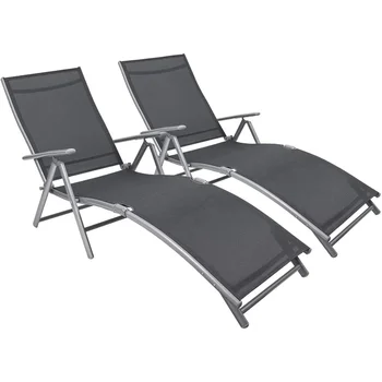 Шезлонги за вътрешен двор, комплект от 2 плажни регулируеми шезлонги, сгъваеми столове край открития басейн, сив