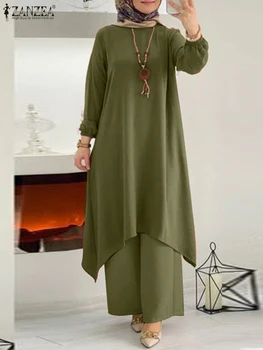 ZANZEA Модни Дамски есенни мюсюлмански комплекти, 2 ЕЛЕМЕНТА за Ежедневни блузи с дълъг ръкав, Костюми с широки панталони, Комплекти, Дубай, Турция, Ислямска облекло