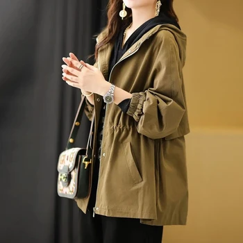 Пролет и есен 2024 г., нова Корейска европейското универсално палто с качулка, женски ветровка със средна дължина, с завязками на талията, дамски