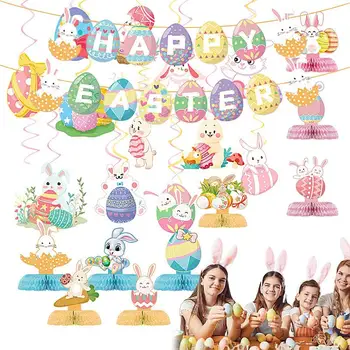 Знак честит Великден 2024, пролетни украса за дома с 9 хартиени настолни декори, завитушки, Великденски яйца, комплект зайци, декор на цветя теми