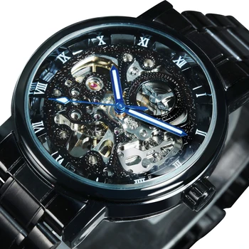 Класически бизнес автоматично мъжки часовник WINNER Модни светещите стрелки Каишка от неръждаема Стомана Луксозни Механичен часовник с черен виртуален скелет