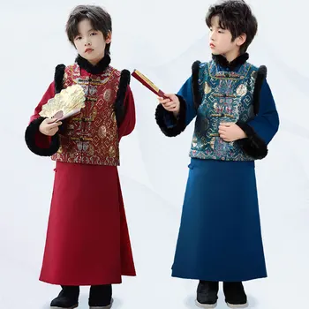 Зимни Детски Традиционни Китайски костюми от Епохата на Тан За момчета Hanfu, Коледна Винтажное Дълга рокля + паркове без ръкави, Костюми от 2 теми