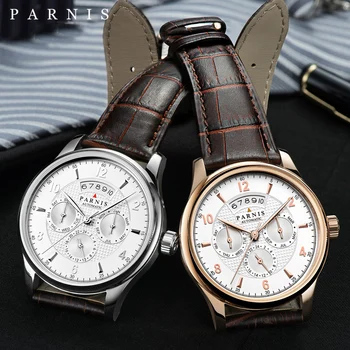 Parnis 43 мм Бял циферблат Автоматичен механичен мъжки часовник Кожена каишка сапфирен кристал Водоустойчив мъжки часовник reloj hombre