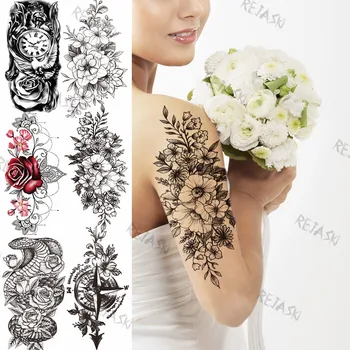 Временни татуировки с черни големи цветя за жени, висулка във формата на рози, змии, компас, реалистична фалшива татуировка на гърдите, ръката, водоустойчив татуировки