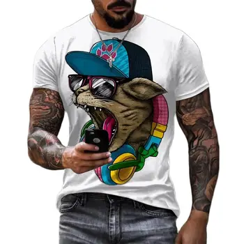 Лятна мъжка тениска с весели животни в стил хип-хоп с 3D HD принтом, през цялата деколте, Къси ръкави, Младата модна тенденция, Класическа луксозна свободна риза