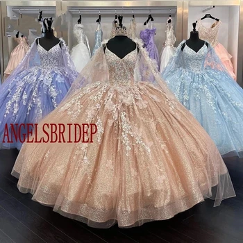 ANGELSBRIDEP Буйни рокли в стил сладко момиче Vestidos De 15 Años Дантелени вечерни рокли принцеса с 3D цветя, бродирани с мъниста