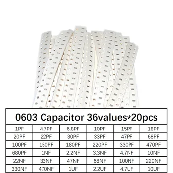 0603 SMD Кондензатор асорти комплект, 36 стойности * 20pcs = 720шт 1pF ~ 10uF Набор от проби електронен сам kit
