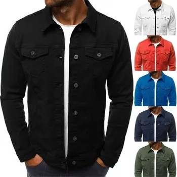 Класически приталенные мъжки дънкови якета, Модерно ежедневното джинсовое палто, градинска дрехи с отложным яка, однобортные джобове, однотонная на горно облекло