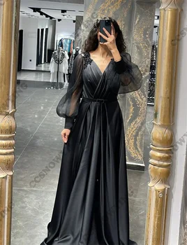 Апликация от мъниста, мюсюлмански вечерни рокли, Сатенени Ислямски вечерни рокли с дълъг ръкав, двойно V-образно деколте, женски арабски халати De Soirée