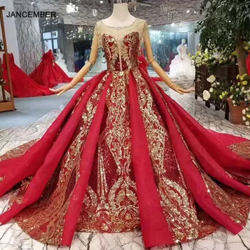 LS11109 Червени Луксозни вечерни рокли, дамски официални рокли с кръгло деколте и къси ръкави, вечерна рокля с декорация във формата на кристали, по-Дълга Златна дантела В стил Дубайском