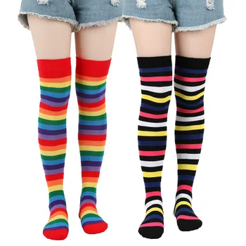 Нови чорапогащи над коляното за момичета, женски сладки дълги чорапи до бедрото, шарени преливащи плетени чорапи от памучни смеси, Есенен аксесоар