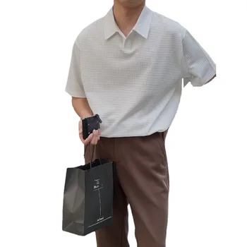 Лятна новост 2024, мъжки корейската версия с къс ръкав, Тениска със свободен яка, Текстурирани риза с къси ръкави с усещане за падане, всекидневни топ B114