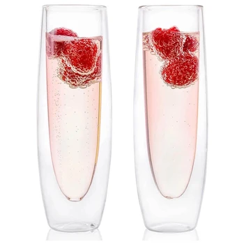Стъклени чаши за шампанско от 2 елемента, двуслойни искрящи чаши без дръжки, Висококачествени чаши за червено вино, прозрачни чаши за вино