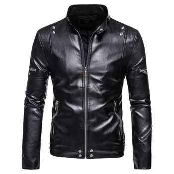 Мъжко кожено яке с много висока яка, черна мотоциклетът яке, модерен бизнес яке от изкуствена кожа, есен и зима