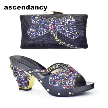 Нов прием на африканската дамски обувки и чанти в тон, италиански черен цвят, комплект италиански обувки и чанти в един тон, украсени с кристали