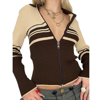 Кафяво райе в стил мозайка с ревери в ретро стил, жилетка с цип с дълги ръкави, яке-пуловер за жени през есента и зимата