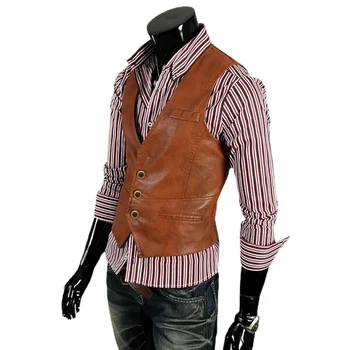 Мъжки ежедневни модерна жилетка от изкуствена кожа размер плюс 7XL, кожена жилетка, кожени финото палто однобортное