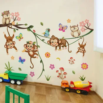 Стикер за детска стая с маймунката в джунглата, детски тапети, стикери за стена в детската стая, стикери за деца на стена, тапети на животни в джунглата, плакат с маймуни