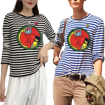 Женска тениска от памук райе, пролетта Блишман, че принт, пролетно ежедневни тениска с кръгло деколте и дълъг ръкав директно намаляване на