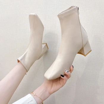 Класически Нови есенни женски ботильоны Модни дамски обувки на средно гъст ток Елегантна дама Бели Черни Кайсиеви обувки с квадратни пръсти джоб Мат