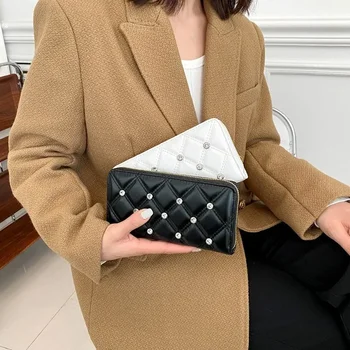 Корейски женски портфейл с цип, дълга чанта с голям капацитет, бродирани с конец, мек кожен портфейл