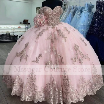 2022 Розови Буйни рокли принцеса С аппликацией във формата на сърце с открити рамене, рокли за партита на известни личности Sweet 16
